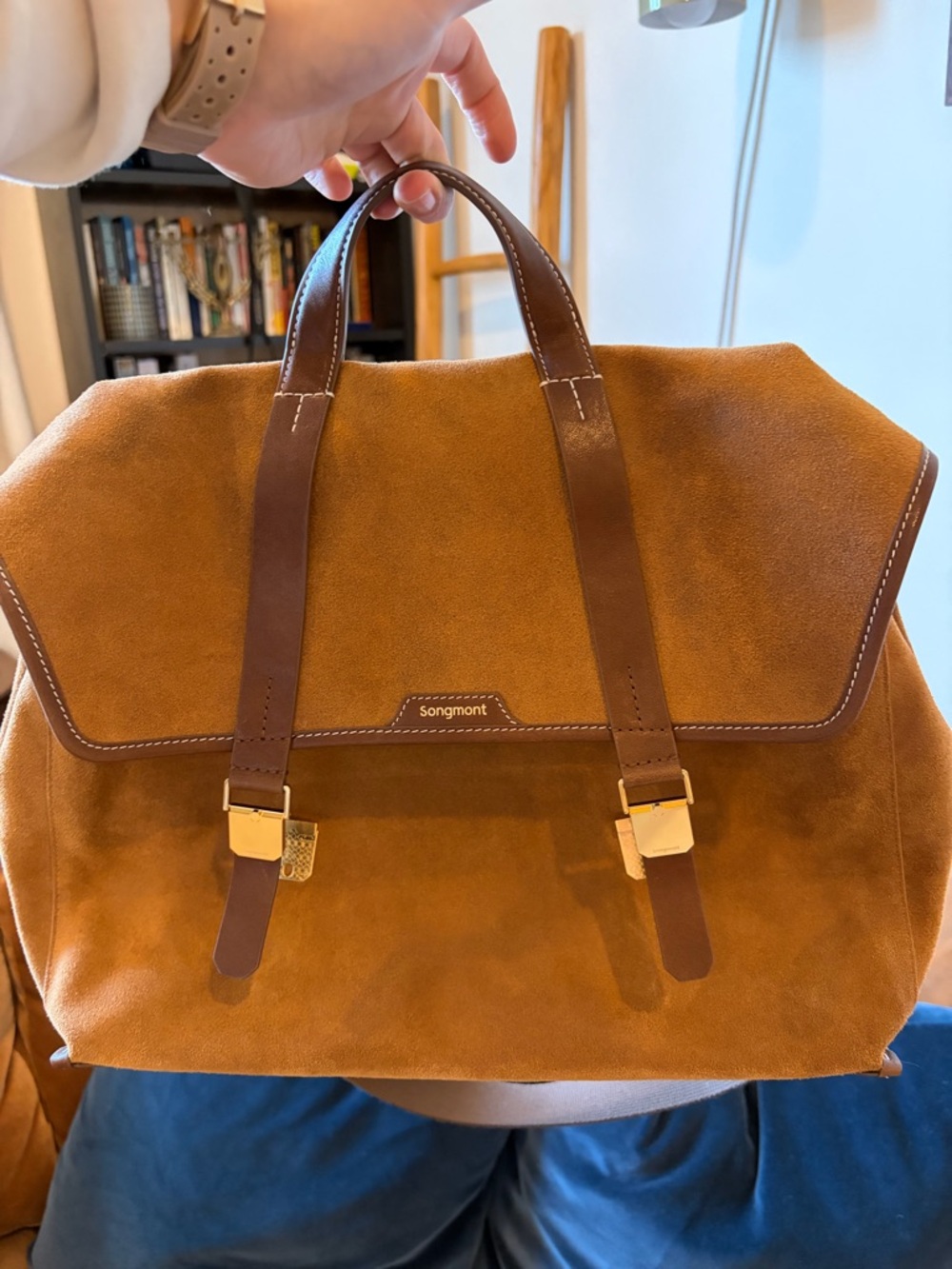 Songmont Small Shan briefcase in Ochre Suede